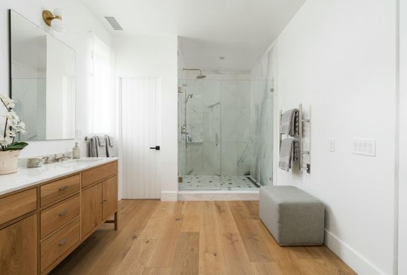 Bathroom, Glass Shower, Interior, Marble Walls, Wood Texture Flooring