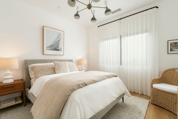 Bedroom, Interior, Pendant Lights, Wood Texture Flooring