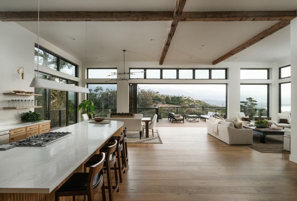 Dining room, Interior, Kitchen, Living room, Pendant Lights, Recessed Lighting, Wooden Beams, Wood Texture Flooring