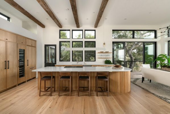 Interior, Kitchen, Pendant Lights, Recessed Lighting, Wooden Beams, Wood Texture Flooring