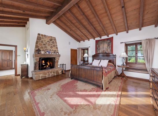 Bedroom, Fireplace, Interior, Wooden Beams, Wooden Ceilings, Wood Texture Flooring