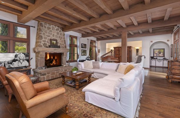 Fireplace, Interior, Living room, Piano, Stone Walls, Wooden Beams, Wooden Ceilings, Wood Texture Flooring