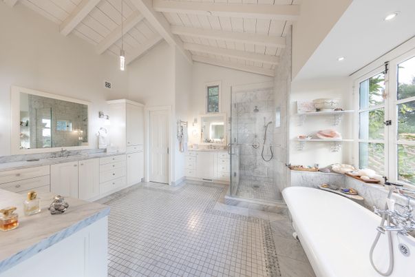 Bathroom, Dual Sink Vanities, Free Standing Baths, Glass Shower, Interior, Marble Walls, Recessed Lighting