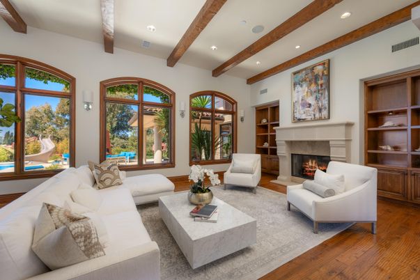 Fireplace, Interior, Living room, Recessed Lighting, Wooden Beams, Wood Texture Flooring