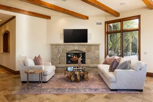Fireplace, Interior, Living room, Recessed Lighting, Wooden Beams