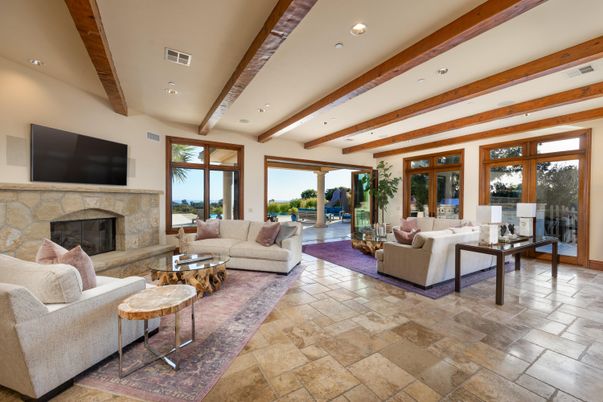 Fireplace, Interior, Living room, Recessed Lighting, Wooden Beams