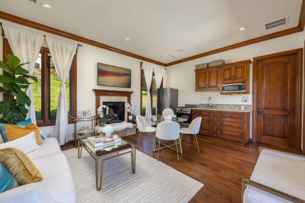 Dining room, Fireplace, Interior, Kitchen, Living room, Recessed Lighting, Wood Texture Flooring