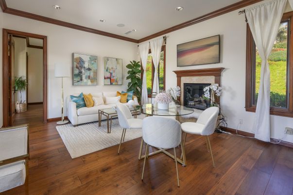 Dining room, Fireplace, Interior, Living room, Recessed Lighting, Wood Texture Flooring