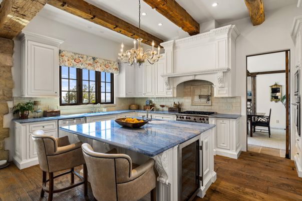 Chandelier, Dining room, Interior, Kitchen, Recessed Lighting, Stainless Steel Appliances, Wooden Beams, Wood Texture Flooring