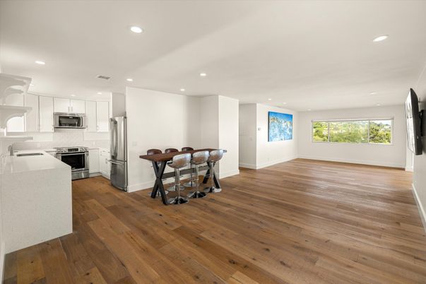 Interior, Kitchen, Recessed Lighting, Stainless Steel Appliances, Wood Texture Flooring
