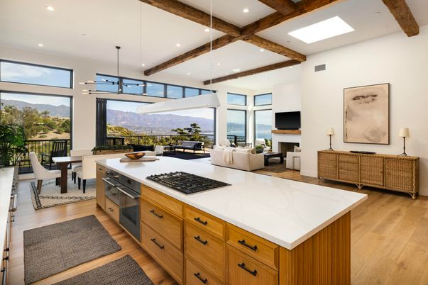 Dining room, Fireplace, Interior, Kitchen, Living room, Pendant Lights, Recessed Lighting, Wooden Beams, Wood Texture Flooring