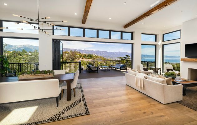 Dining room, Fireplace, Interior, Living room, Pendant Lights, Recessed Lighting, Wooden Beams, Wood Texture Flooring