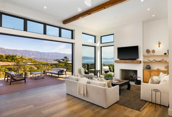 Fireplace, Interior, Living room, Recessed Lighting, Wooden Beams, Wood Texture Flooring