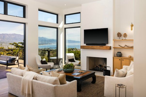 Fireplace, Interior, Living room, Recessed Lighting, Water, Wood Texture Flooring