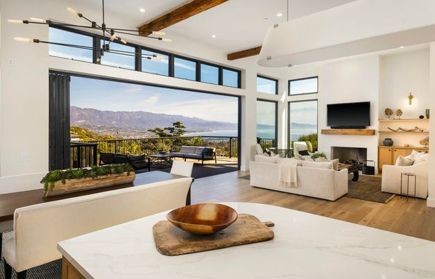 Dining room, Fireplace, Interior, Living room, Pendant Lights, Recessed Lighting, Wooden Beams, Wood Texture Flooring