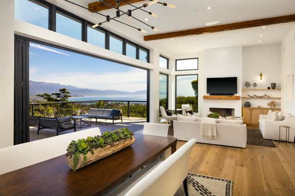 Dining room, Fireplace, Interior, Living room, Pendant Lights, Recessed Lighting, Wooden Beams, Wood Texture Flooring