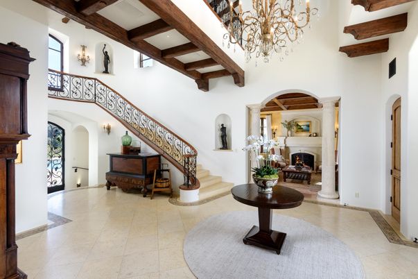 Chandelier, Fireplace, Interior, Recessed Lighting, Wooden Beams