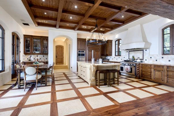 Chandelier, Dining room, Interior, Kitchen, Pendant Lights, Recessed Lighting, Stainless Steel Appliances, Wooden Beams, Wooden Ceilings