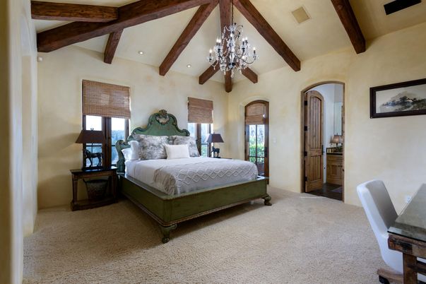 Bedroom, Chandelier, Interior, Recessed Lighting, Wooden Beams