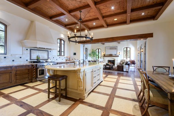 Chandelier, Fireplace, Interior, Kitchen, Living room, Recessed Lighting, Stainless Steel Appliances, Wooden Beams, Wooden Ceilings