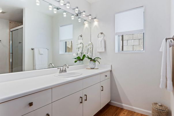 Bathroom, Dual Sink Vanities, Glass Shower, Interior, Wood Texture Flooring