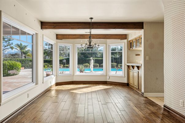 Chandelier, Empty room, Interior, Pendant Lights, Wooden Beams, Wood Texture Flooring