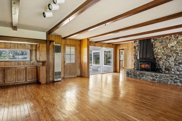 Empty room, Fireplace, Interior, Stone Walls, Wooden Beams, Wood Texture Flooring, Wooden Walls