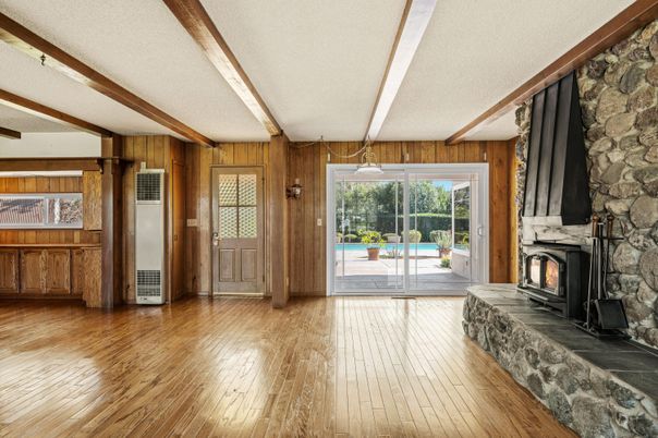 Empty room, Fireplace, Interior, Stone Walls, Wooden Beams, Wood Texture Flooring, Wooden Walls