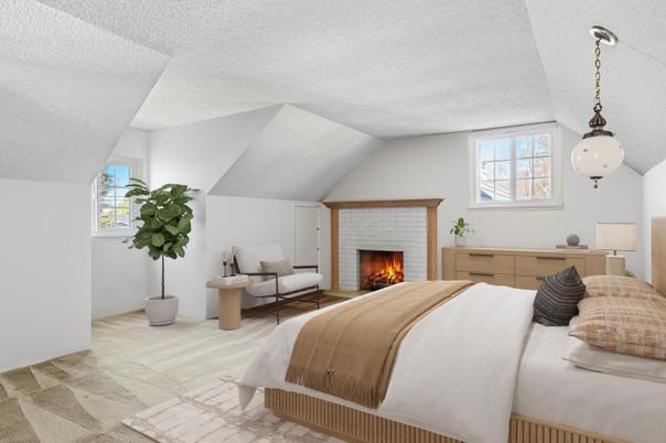 Bedroom, Fireplace, Interior, Pendant Lights