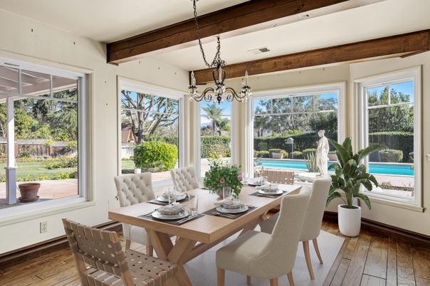 Dining room, Interior, Pendant Lights, Wooden Beams, Wood Texture Flooring
