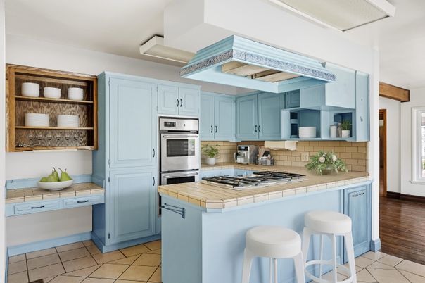 Interior, Kitchen, Stainless Steel Appliances, Tile Countertops, Wood Texture Flooring