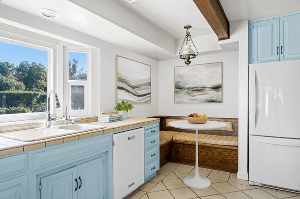 Interior, Kitchen, Tile Countertops, Wooden Beams