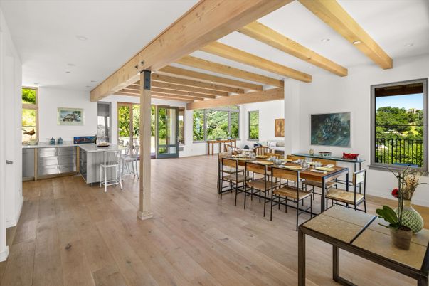 Dining room, Interior, Recessed Lighting, Wooden Beams, Wood Texture Flooring