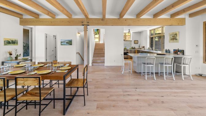 Dining room, Interior, Pendant Lights, Wooden Beams, Wood Texture Flooring