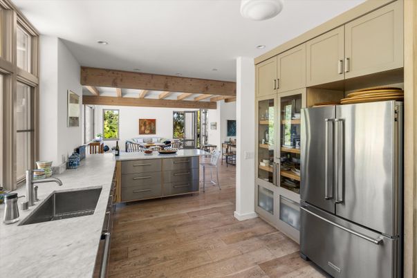 Interior, Kitchen, Recessed Lighting, Stainless Steel Appliances, Wooden Beams, Wood Texture Flooring