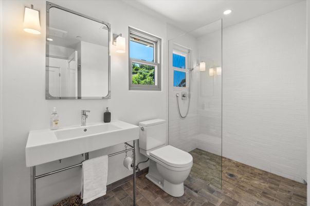 Bathroom, Glass Shower, Interior, Recessed Lighting, Wood Texture Flooring
