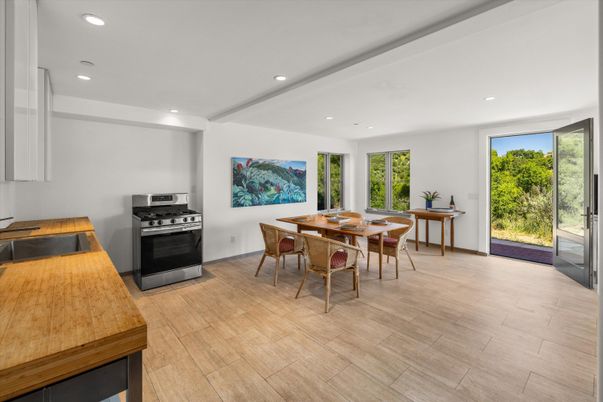 Dining room, Interior, Kitchen, Recessed Lighting, Stainless Steel Appliances, Wood Texture Flooring