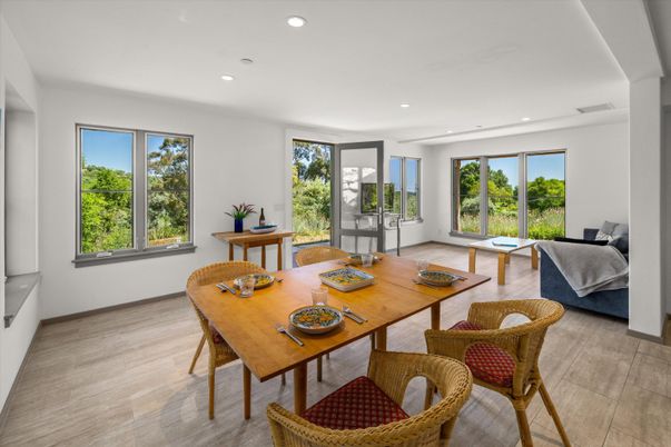 Dining room, Interior, Living room, Recessed Lighting, Wood Texture Flooring