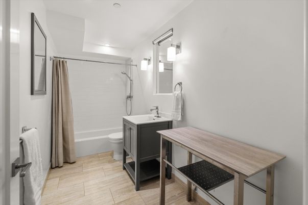 Bathroom, Interior, Recessed Lighting, Wood Texture Flooring