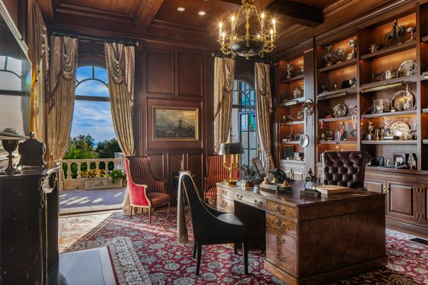 Chandelier, Home Office, Interior, Recessed Lighting, Wooden Beams, Wooden Ceilings, Wooden Walls