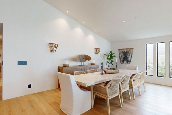 Dining room, Interior, Recessed Lighting, Wood Texture Flooring