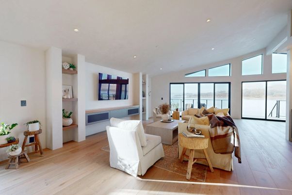 Interior, Living room, Recessed Lighting, Water, Wood Texture Flooring