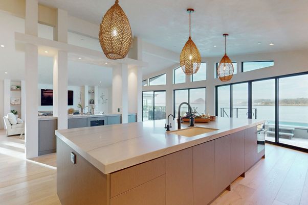 Interior, Kitchen, Pendant Lights, Recessed Lighting, Water, Wood Texture Flooring