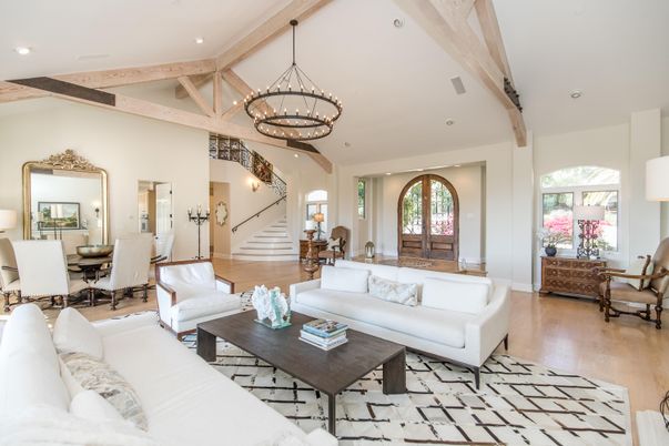 Chandelier, Dining room, Interior, Living room, Pendant Lights, Recessed Lighting, Wooden Beams, Wood Texture Flooring
