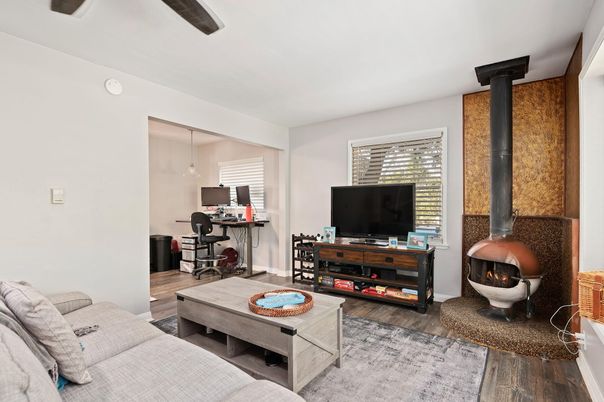 Fireplace, Home Office, Interior, Living room, Pendant Lights, Wood Texture Flooring