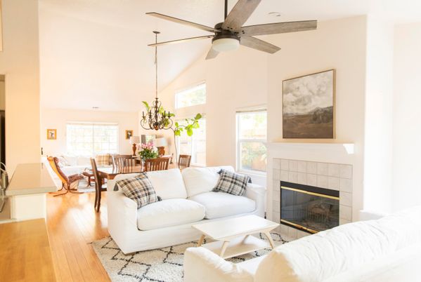 Chandelier, Dining room, Fireplace, Interior, Living room, Wooden Beams, Wood Texture Flooring