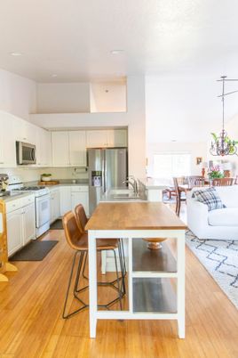 Dining room, Interior, Kitchen, Living room, Recessed Lighting, Stainless Steel Appliances, Wood Texture Flooring