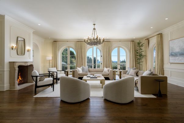 Chandelier, Fireplace, Interior, Living room, Recessed Lighting, Wood Texture Flooring