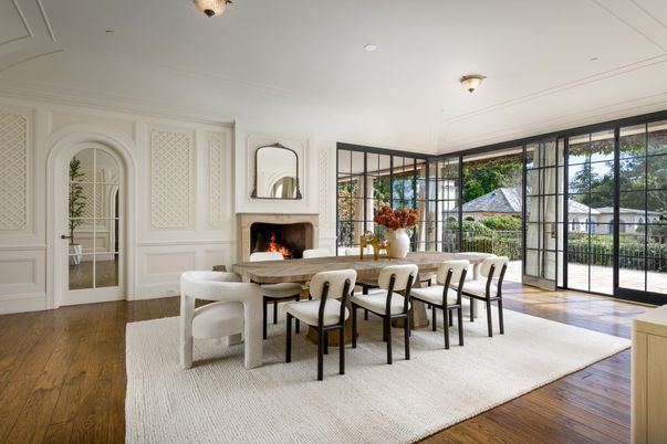 Dining room, Fireplace, Interior, Living room, Recessed Lighting, Wood Texture Flooring
