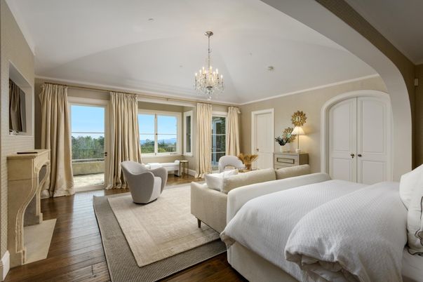 Bedroom, Chandelier, Fireplace, Interior, Wood Texture Flooring